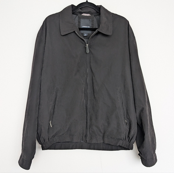 Y2K London Fog Flat Collar Men's Smooth Black Zip Up Bomber Jacket Sz L - Picture 1 of 16